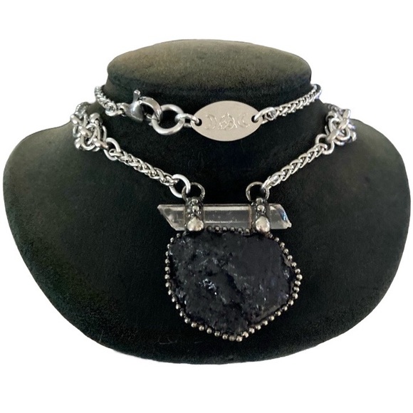 Natural black tourmaline & clear crystal quartz charm boho goth maille necklace - Picture 2 of 13
